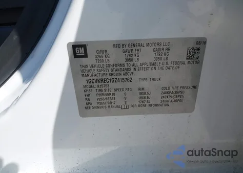 2016 Chevrolet Silverado 1500 2Lt из США, поврежденный, VIN 1GCVKREC1GZ415762